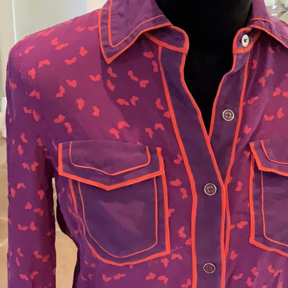 Tory Burch silk button down top, purple/orange, size XS
